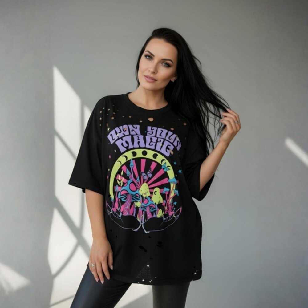 Fashion Nova Own Your Magic Distressed Tee Black Celestial Mushroom Goth Top NWT - Picture 3 of 7
